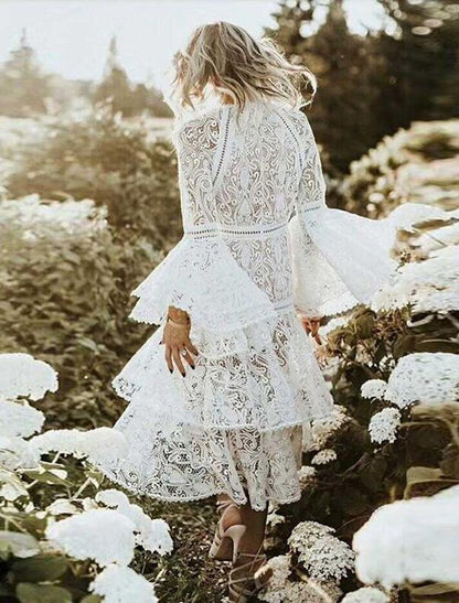 Reception Little White Dresses Boho Fall Wedding Dresses A-Line Jewel Neck Sleeveless Ankle Length Lace Bridal Gowns With Appliques Solid Color