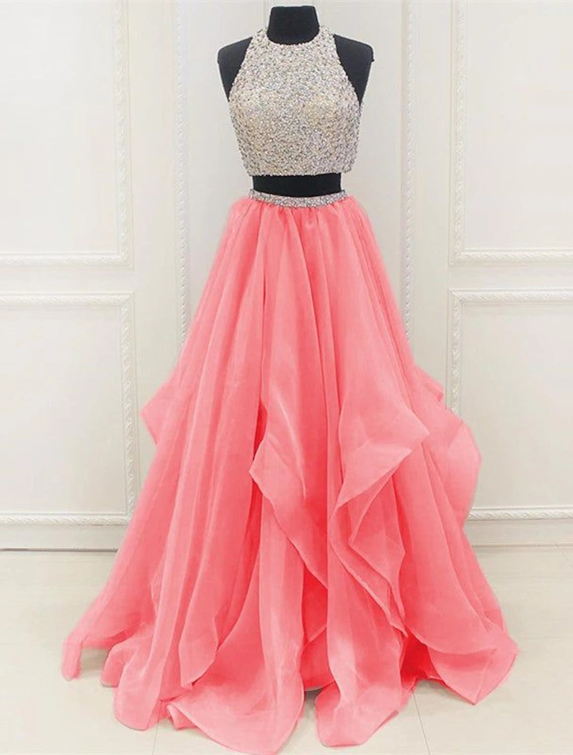 Two Piece Ball Gown Prom Dresses Sparkle & Shine Dress Party Wear Floor Length Sleeveless Halter Organza with Sequin