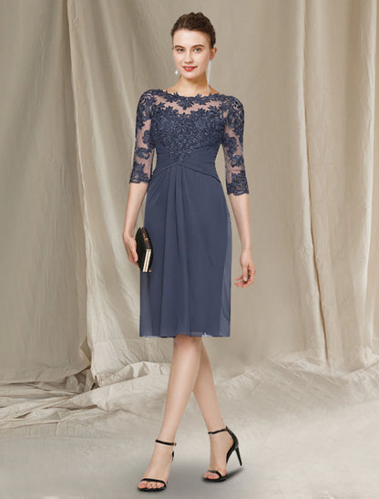 Sheath / Column Mother of the Bride Dress Elegant Jewel Neck Knee Length Chiffon Lace Half Sleeve with Ruched Appliques