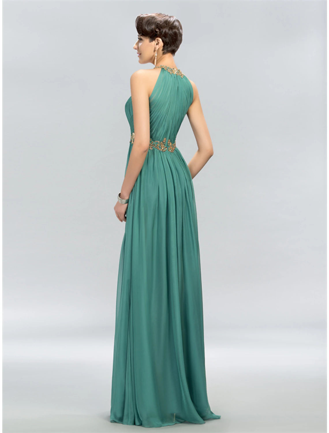 A-Line Wedding Guest Dresses Maxi Dress Party Wear Floor Length Sleeveless Halter Chiffon with Ruched Appliques