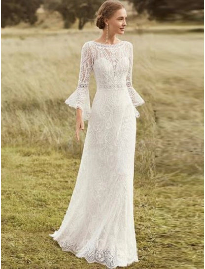 Beach Boho Wedding Dresses A-Line Scoop Neck Long Sleeve Sweep / Brush Train Lace Bridal Gowns With Lace Solid Color