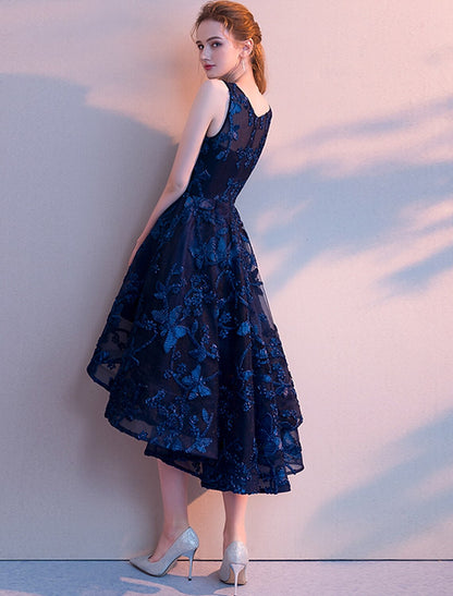 A-Line Cocktail Dresses Minimalist Dress Homecoming Asymmetrical Sleeveless Jewel Neck Tulle with Pleats Pattern / Print