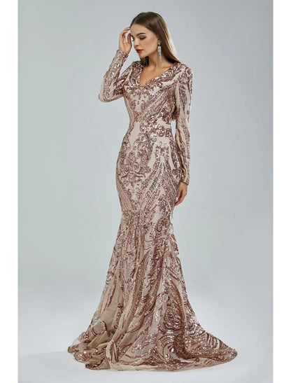 Mermaid / Trumpet Evening Gown Sparkle & Shine Dress Formal Court Train Long Sleeve V Neck African American Lace with Sequin