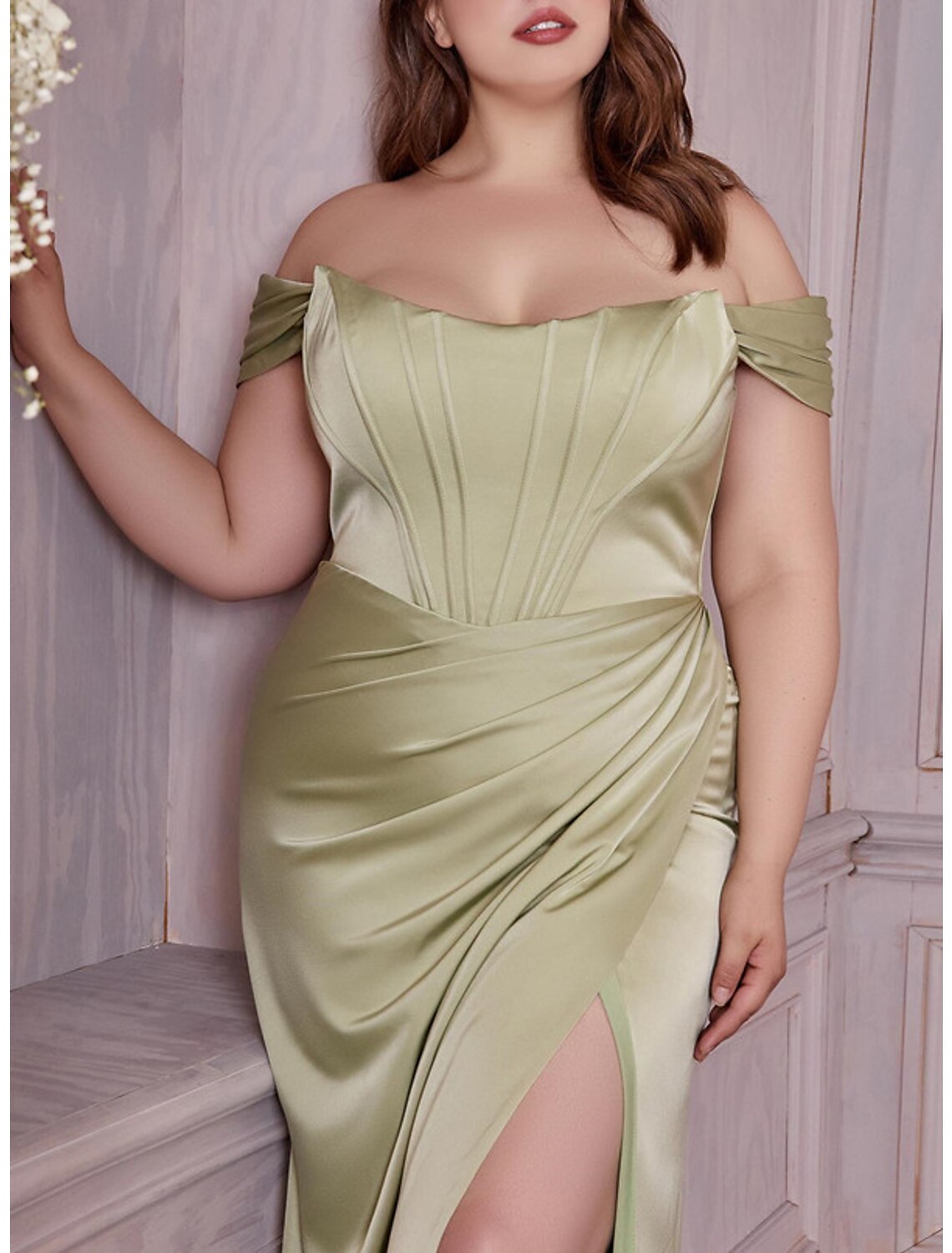 Mermaid / Trumpet Plus Size Curve Formal Dresses Corsets Dress Formal Wedding Guest Floor Length Sleeveless Off Shoulder Charmeuse with Ruched Slit