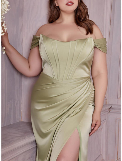 Mermaid / Trumpet Plus Size Curve Formal Dresses Corsets Dress Formal Wedding Guest Floor Length Sleeveless Off Shoulder Charmeuse with Ruched Slit