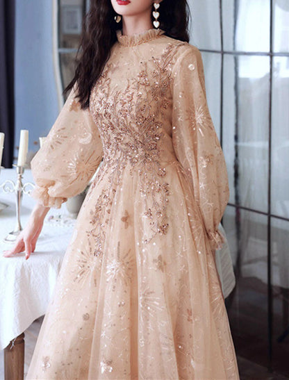 A-Line Glittering Elegant Engagement Formal Evening Dress High Neck Long Sleeve Floor Length Tulle with Sequin