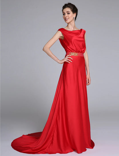 Sheath / Column Mother of the Bride Dress Open Back Cowl Neck Court Train Taffeta Sleeveless No with Beading