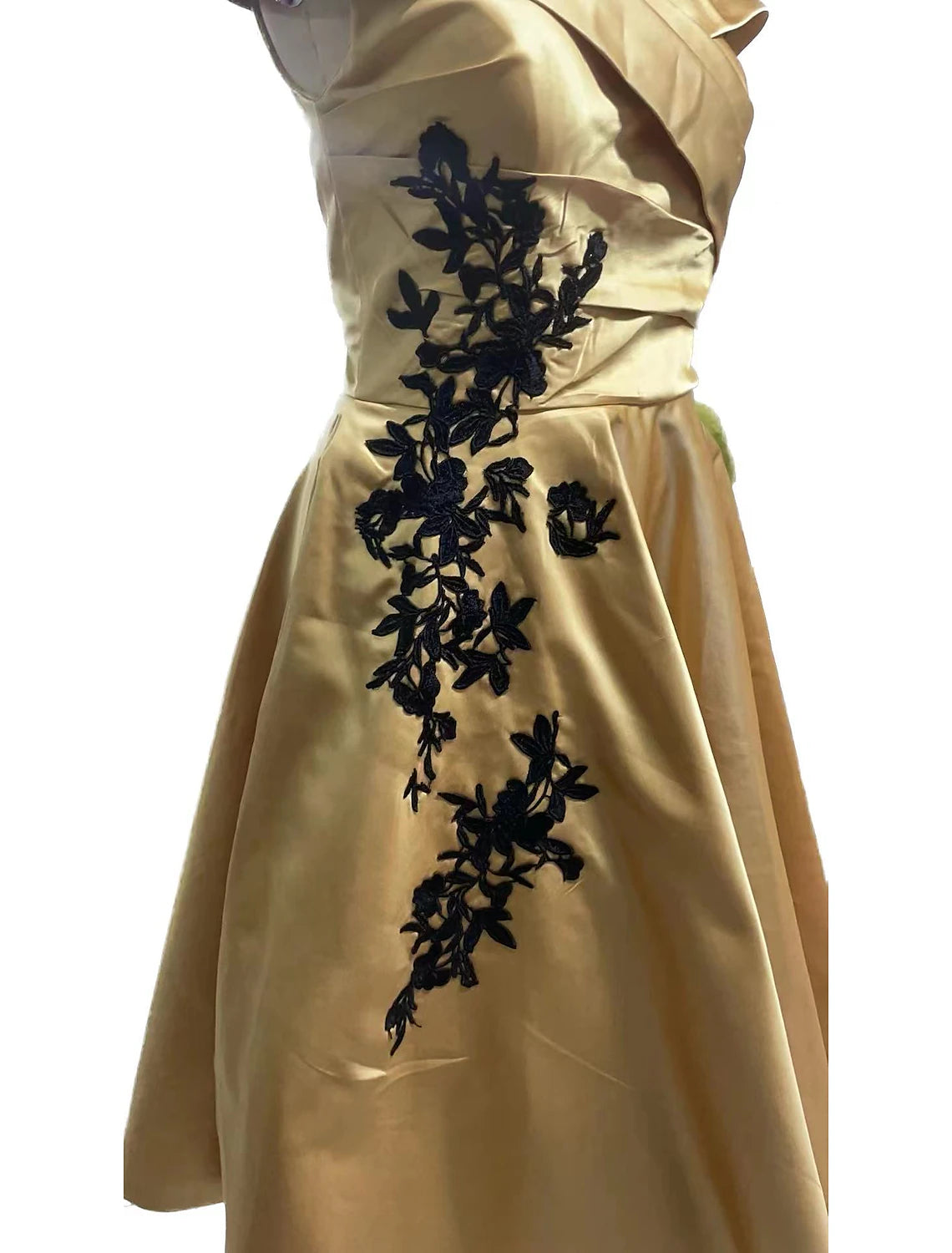 A-Line Cocktail Champagne Gold Dresses Vintage Dress Formal Wedding Guest Tea Length Sleeveless Off Shoulder Satin with Pleats Appliques