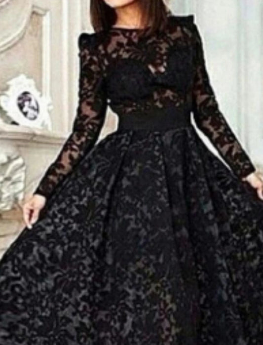 A-Line Prom Black Dress Vintage Dress Halloween Masquerade Asymmetrical Long Sleeve Jewel Neck Wednesday Addams Family Lace with Pleats