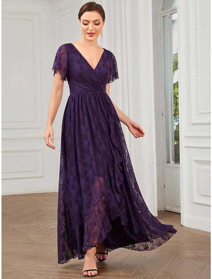 A-Line Wedding Guest Dresses Elegant Dress Holiday Asymmetrical Short Sleeve V Neck Lace with Appliques