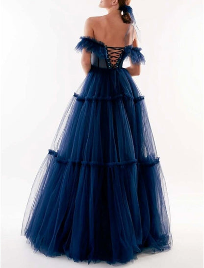 A-Line Prom Dresses Elegant Dress Wedding Guest Floor Length Short Sleeve Off Shoulder Tulle with Pleats Ruffles