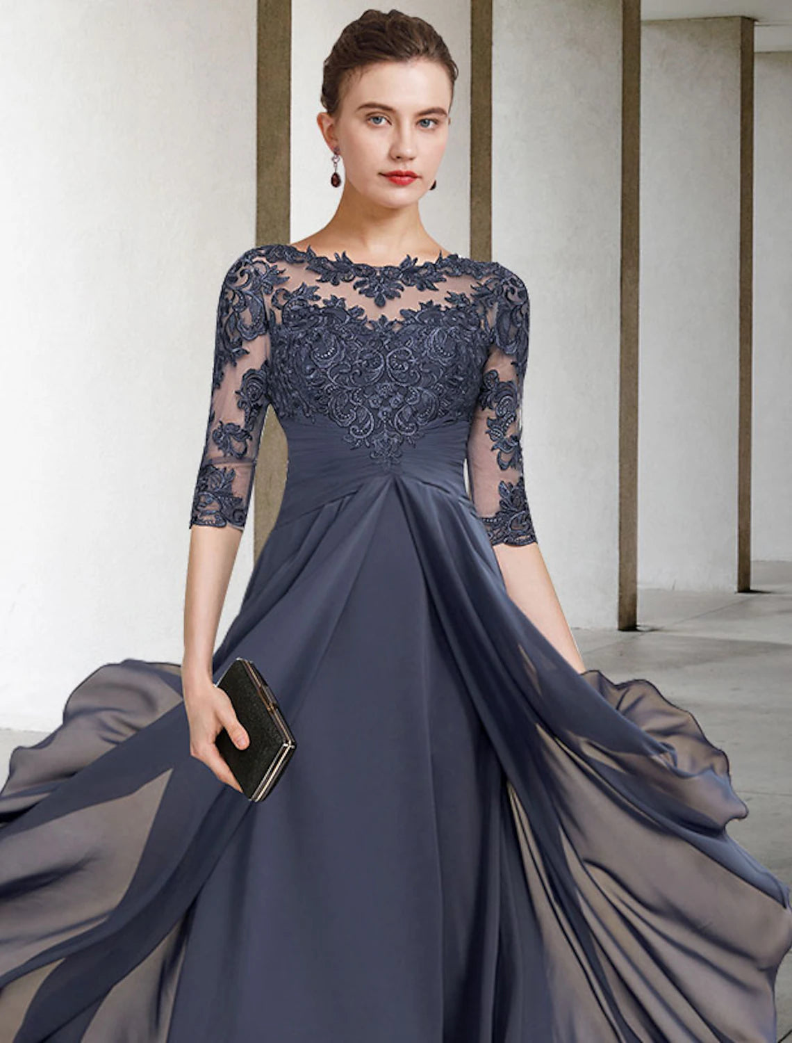 A-Line Mother of the Bride Dress Fall Wedding Guest Plus Size Elegant High Low Jewel Neck Asymmetrical Tea Length Chiffon Lace Half Sleeve with Ruched Appliques