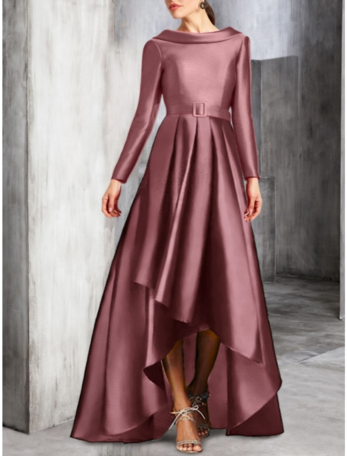 A-Line Cocktail Dresses Elegant Dress Birthday Fall Asymmetrical Long Sleeve Scoop Neck Satin with Pleats Strappy