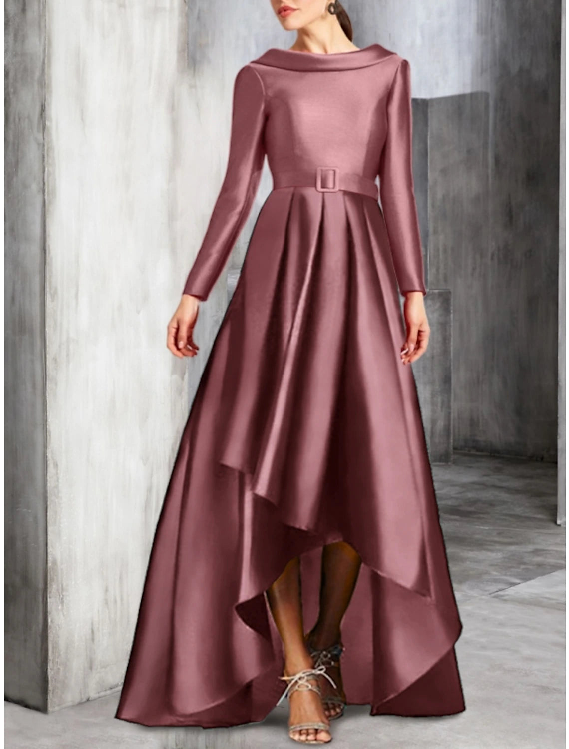 A-Line Cocktail Dresses Party Dress Birthday Fall Asymmetrical Long Sleeve Scoop Neck Satin with Pleats Strappy