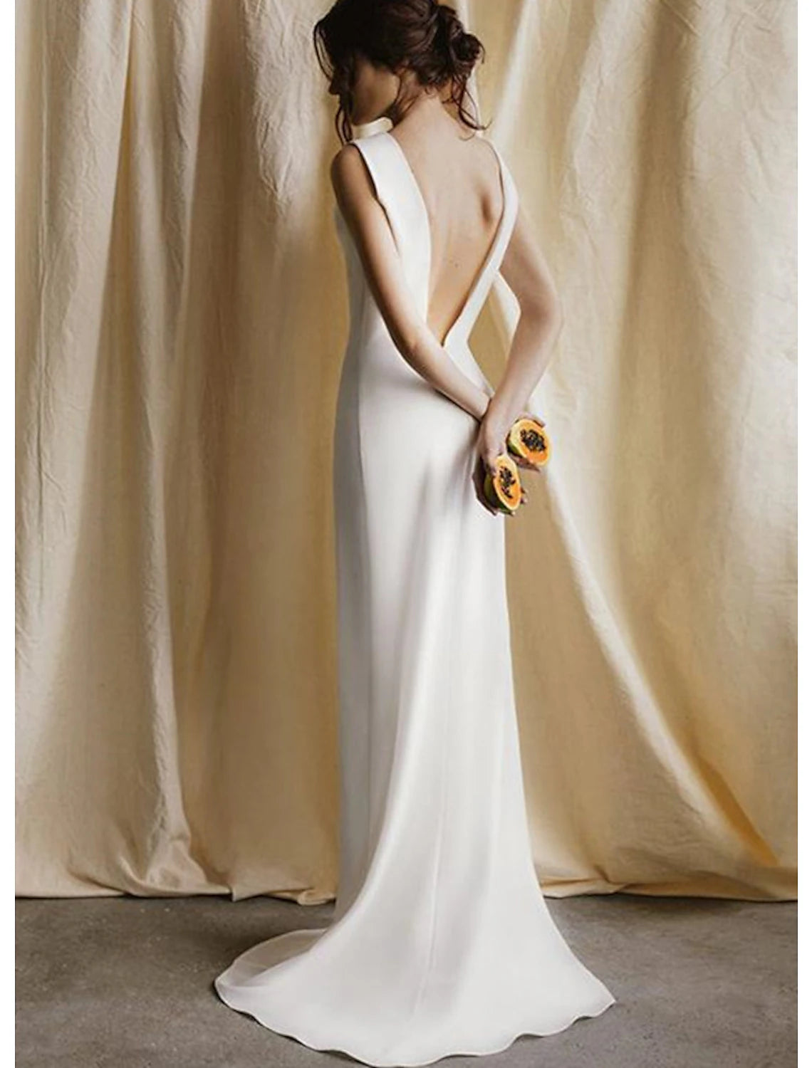 Reception Open Back Casual Wedding Dresses Sheath / Column Scoop Neck Sleeveless Sweep / Brush Train Satin Bridal Gowns With