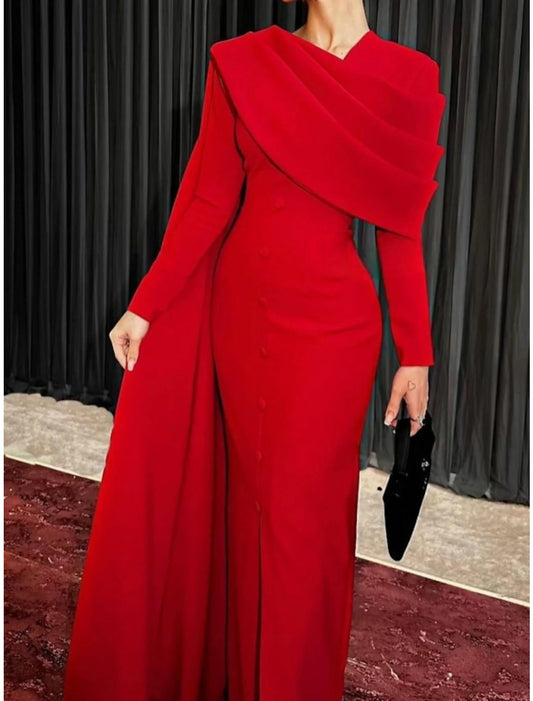 Sheath / Column Evening Gown Elegant Dress Formal Fall Sweep / Brush Train Long Sleeve Cowl Neck Stretch Fabric with Buttons Slit