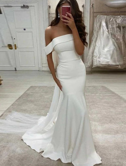 Reception Sexy Wedding Dresses Mermaid / Trumpet Off Shoulder Cap Sleeve Sweep / Brush Train Stretch Fabric Bridal Gowns With Solid Color