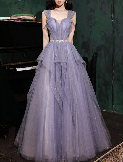 A-Line Prom Dresses Sparkle & Shine Dress Wedding Guest Birthday Floor Length Sleeveless Off Shoulder Tulle with Sequin