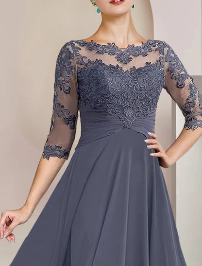 Two Piece A-Line Mother of the Bride Dress Formal Wedding Guest Elegant Scoop Neck Tea Length Chiffon Lace 3/4 Length Sleeve Wrap Included with Appliques Ruching