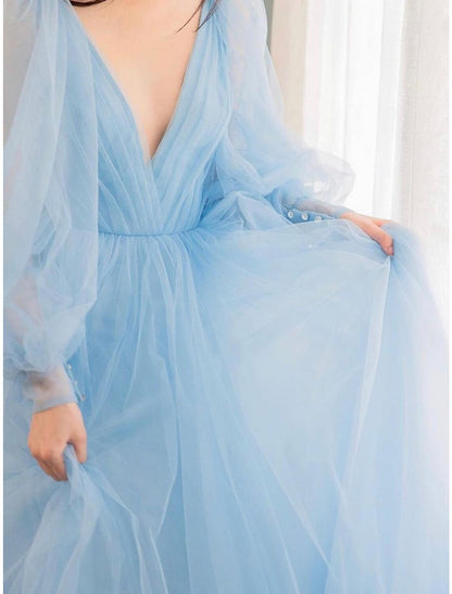 A-Line Prom Dresses Luxurious Dress Engagement Prom Watteau Train Long Sleeve V Neck Tulle V Back with Sleek Pure Color