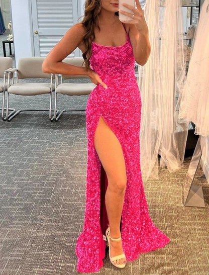 Mermaid / Trumpet Prom Dresses Sparkle & Shine Dress Party Wear Wedding Party Floor Length Sleeveless Spaghetti Strap Sequined with Sequin Slit