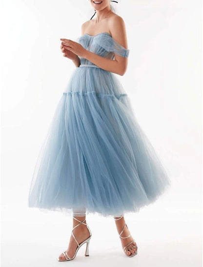 A-Line Prom Dresses Elegant Dress Wedding Guest Ankle Length Short Sleeve Off Shoulder Tulle with Pleats Pure Color