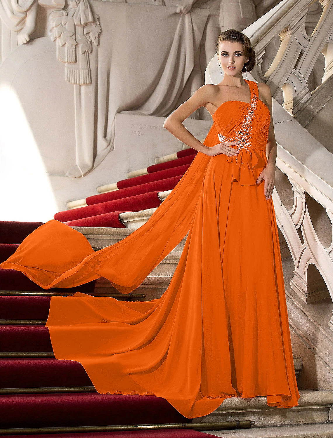 A-Line Elegant Dress Wedding Guest Engagement Court Train Sleeveless One Shoulder Chiffon with Crystals Draping