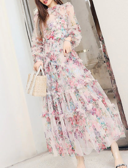 A-Line Prom Dresses Floral Dress Wedding Guest Engagement Ankle Length Long Sleeve Jewel Neck Polyester with Ruffles Pattern / Print