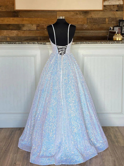 Simple V neck sequin long prom dress