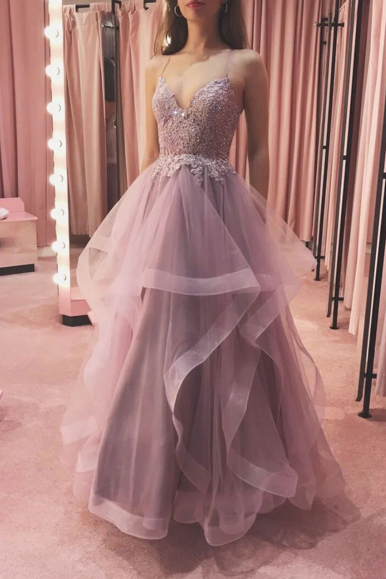 Elegant v neck tulle lace long Prom Dresses