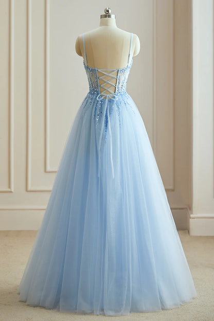 A-Line V-Neck Spaghetti Straps Beads Tulle Prom Dresses