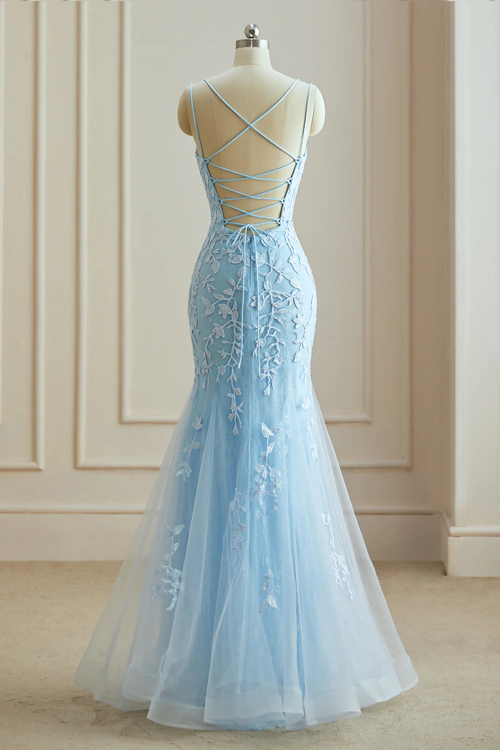 Mermaid Spaghetti Straps Lace Appliques Prom Dresses