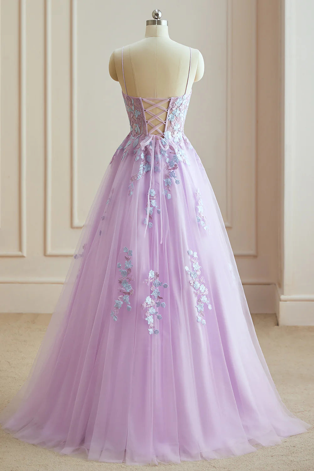 A Line Spaghetti Straps Tulle Long Prom Dresses