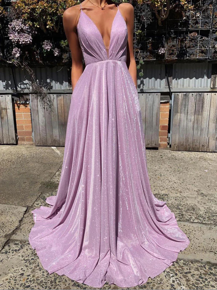 Simple V neck satin long prom dress