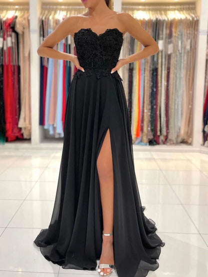 A line chiffon lace long prom dress