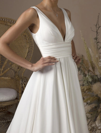 Hall Simple Wedding Dresses A-Line V Neck Sleeveless Sweep / Brush Train Satin Bridal Gowns With Pleats