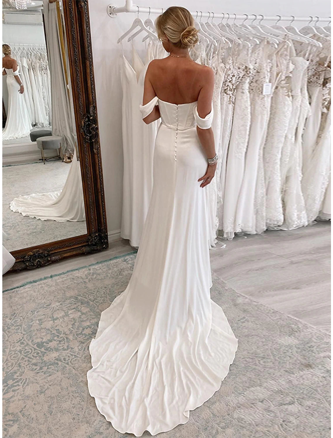 Reception Formal Wedding Dresses Sheath / Column Off Shoulder Sleeveless Court Train Stretch Fabric Bridal Suits Bridal Gowns With Pleats Ruche