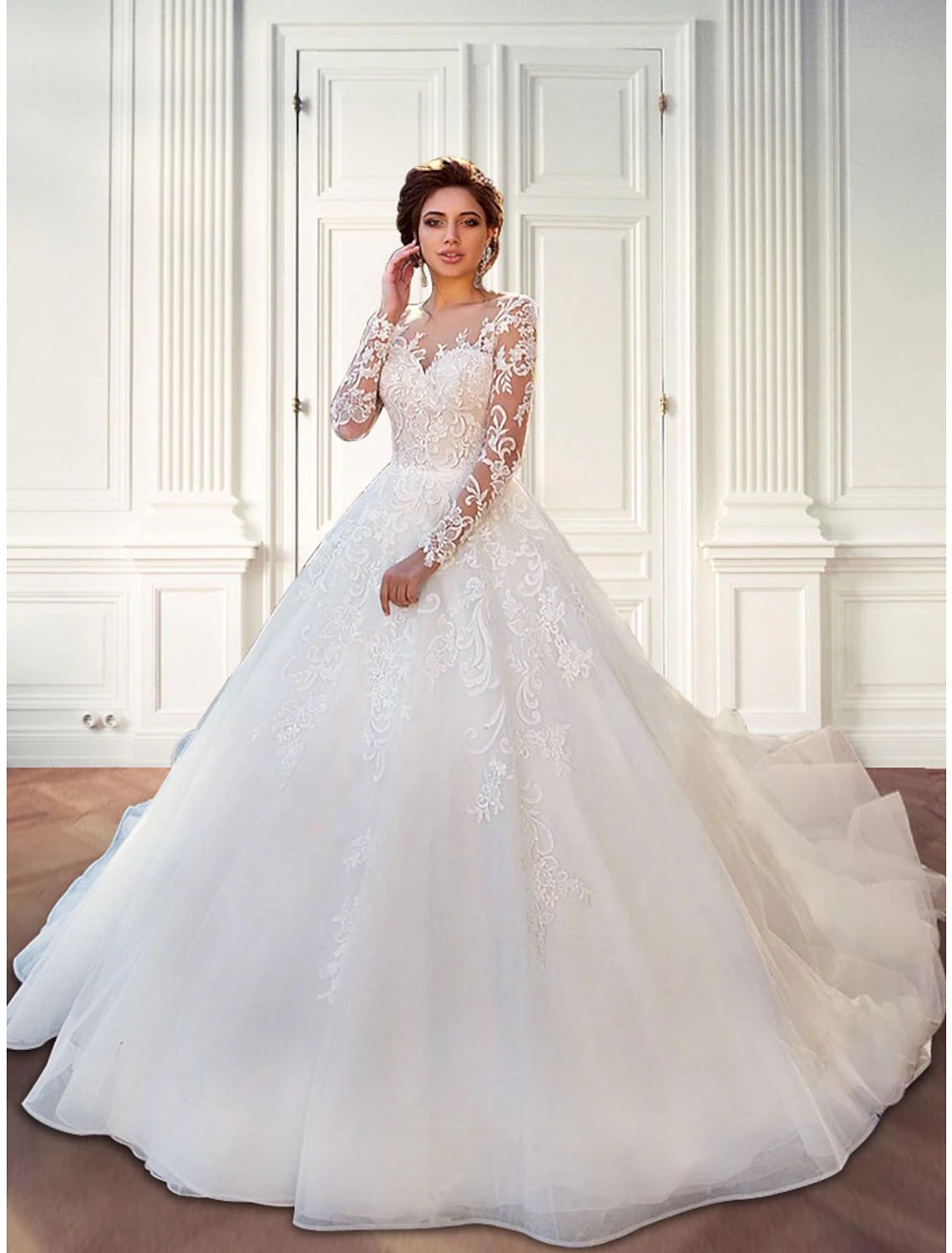 Engagement Formal Fall Wedding Dresses Ball Gown Illusion Neck Long Sleeve Court Train Lace Bridal Gowns With Lace Appliques Summer Wedding Party