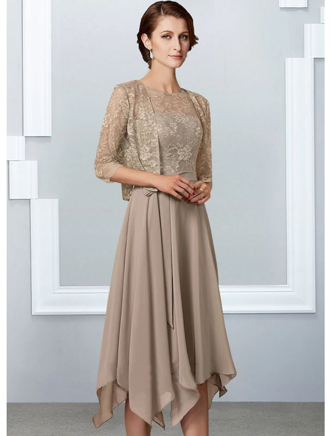 A-Line Mother of the Bride Dress Elegant Jewel Neck Tea Length Chiffon Lace Half Sleeve with Pleats