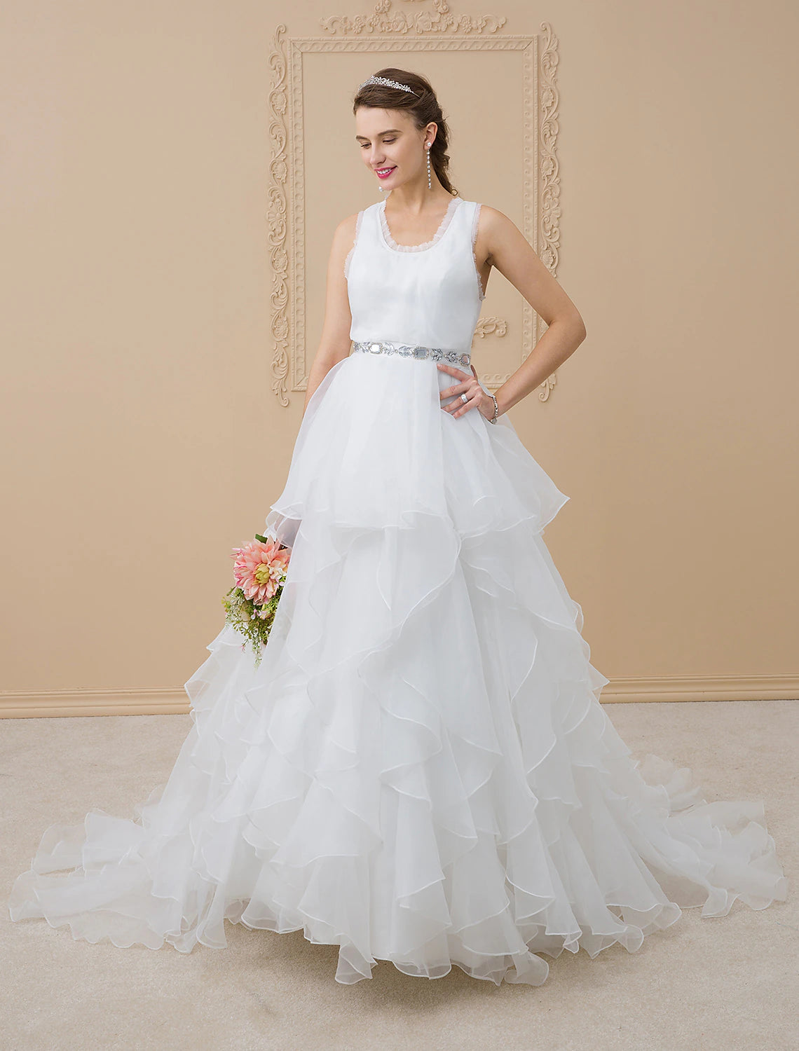 A-Line Scoop Neck Sweep / Brush Train Chiffon / Tulle Made-To-Measure Wedding Dresses with Appliques