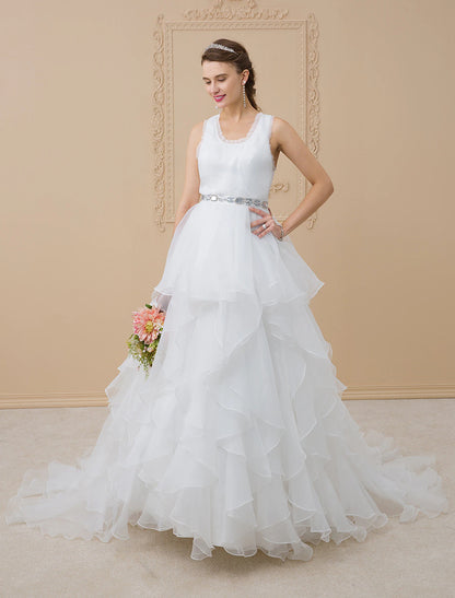 A-Line Scoop Neck Sweep / Brush Train Chiffon / Tulle Made-To-Measure Wedding Dresses with Appliques