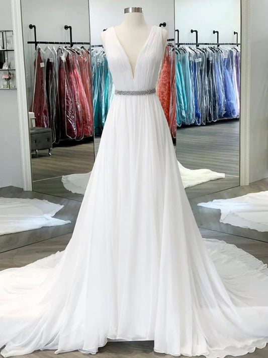 V neck chiffon long Wedding Dresses