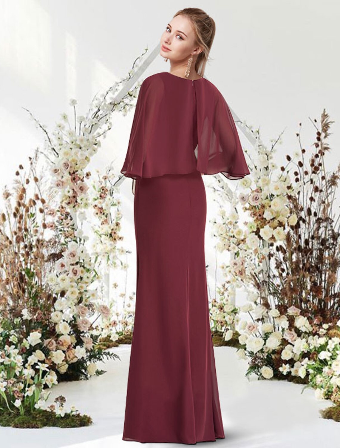 Sheath / Column Minimalist Elegant Engagement Formal Evening Dress Jewel Neck Half Sleeve Floor Length Chiffon with Sash / Ribbon