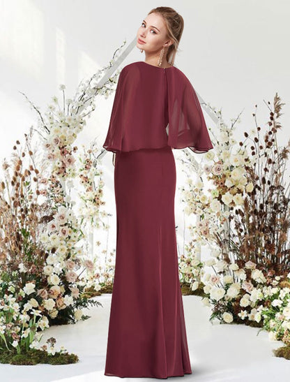 Sheath / Column Minimalist Elegant Engagement Formal Evening Dress Jewel Neck Half Sleeve Floor Length Chiffon with Sash / Ribbon