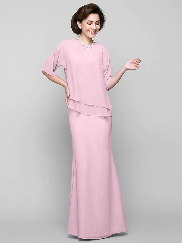 Mermaid / Trumpet Mother of the Bride Dress Elegant Scoop Neck Floor Length Chiffon Half Sleeve with Pleats