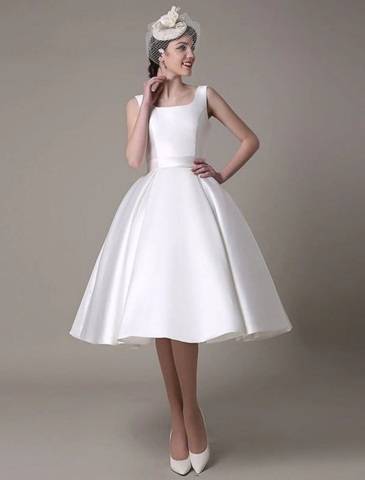 A-Line Cocktail Dresses Party Dress Graduation Wedding Guest Knee Length Sleeveless Square Neck Satin with Pleats