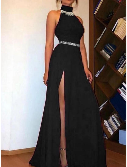 A-Line Evening Gown Elegant Dress Formal Sweep / Brush Train Black Dress Sleeveless High Neck Stretch Fabric with Pleats Crystals Slit