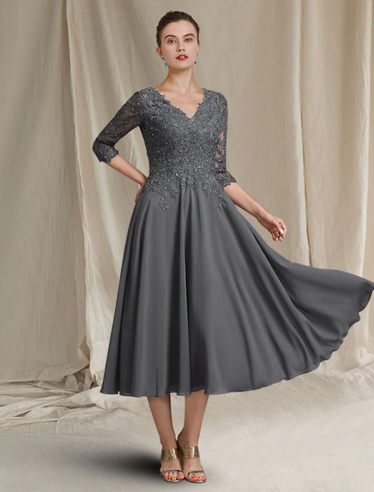 A-Line Mother of the Bride Dress Plus Size Elegant V Neck Tea Length Chiffon Lace 3/4 Length Sleeve with Pleats Beading Applique