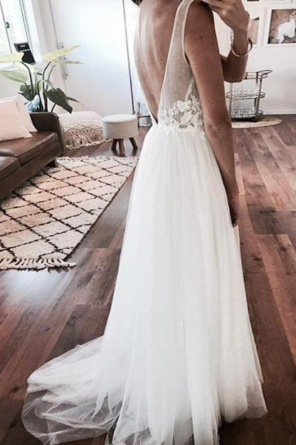 A-line Tulle Beach Lace Applique See Through Wedding Dress