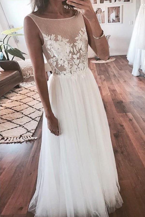 A-line Tulle Beach Lace Applique See Through Wedding Dress